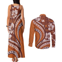 Hawaiian Hibiscus Tribal Vintage Motif Couples Matching Tank Maxi Dress and Long Sleeve Button Shirt Ver 5