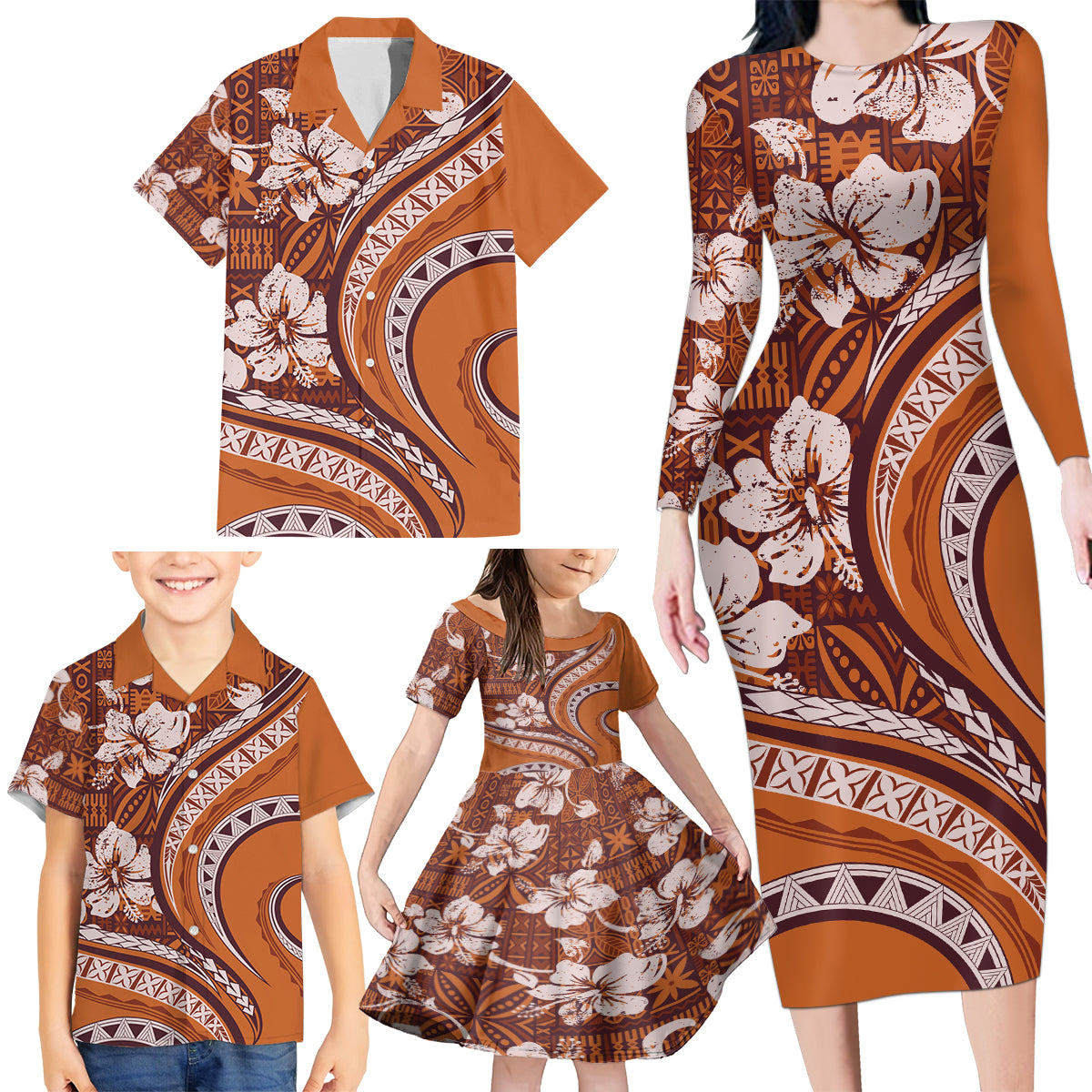 Hawaiian Hibiscus Tribal Vintage Motif Family Matching Long Sleeve Bodycon Dress and Hawaiian Shirt Ver 5