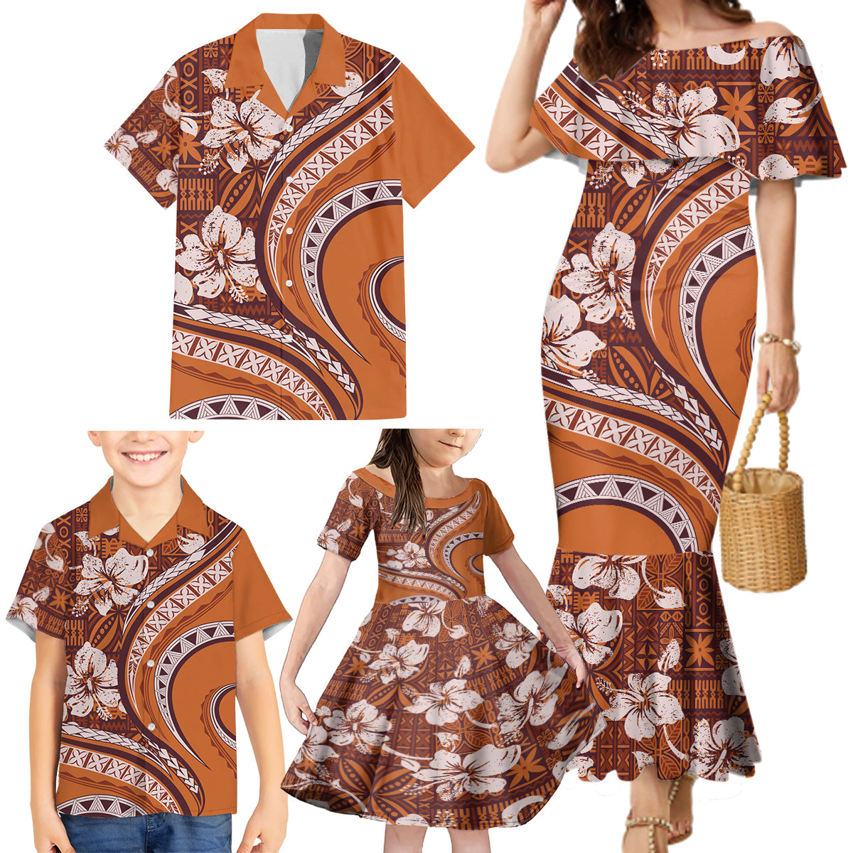 Hawaiian Hibiscus Tribal Vintage Motif Family Matching Mermaid Dress and Hawaiian Shirt Ver 5 LT9 - Polynesian Pride