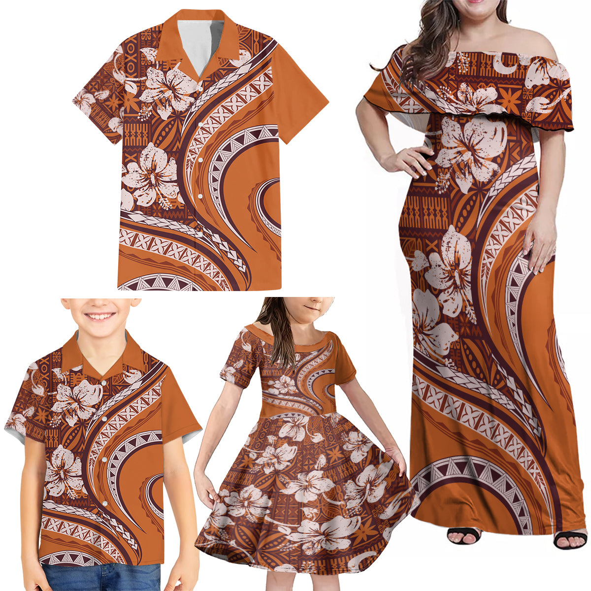 Hawaiian Hibiscus Tribal Vintage Motif Family Matching Off Shoulder Maxi Dress and Hawaiian Shirt Ver 5