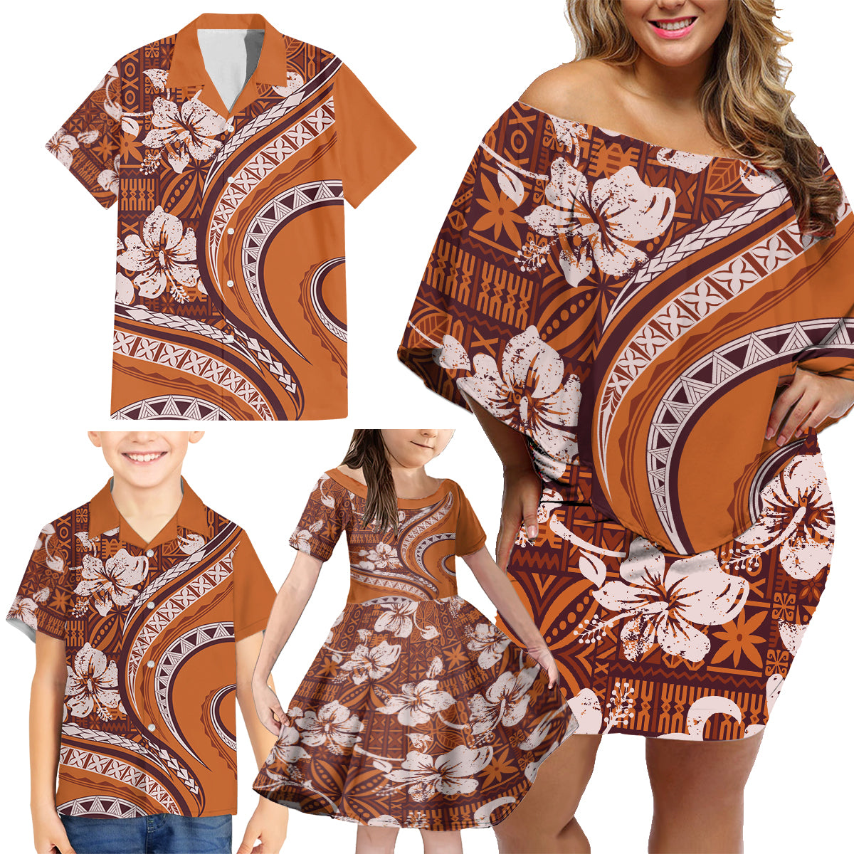 Hawaiian Hibiscus Tribal Vintage Motif Family Matching Off Shoulder Short Dress and Hawaiian Shirt Ver 5 LT9 - Polynesian Pride