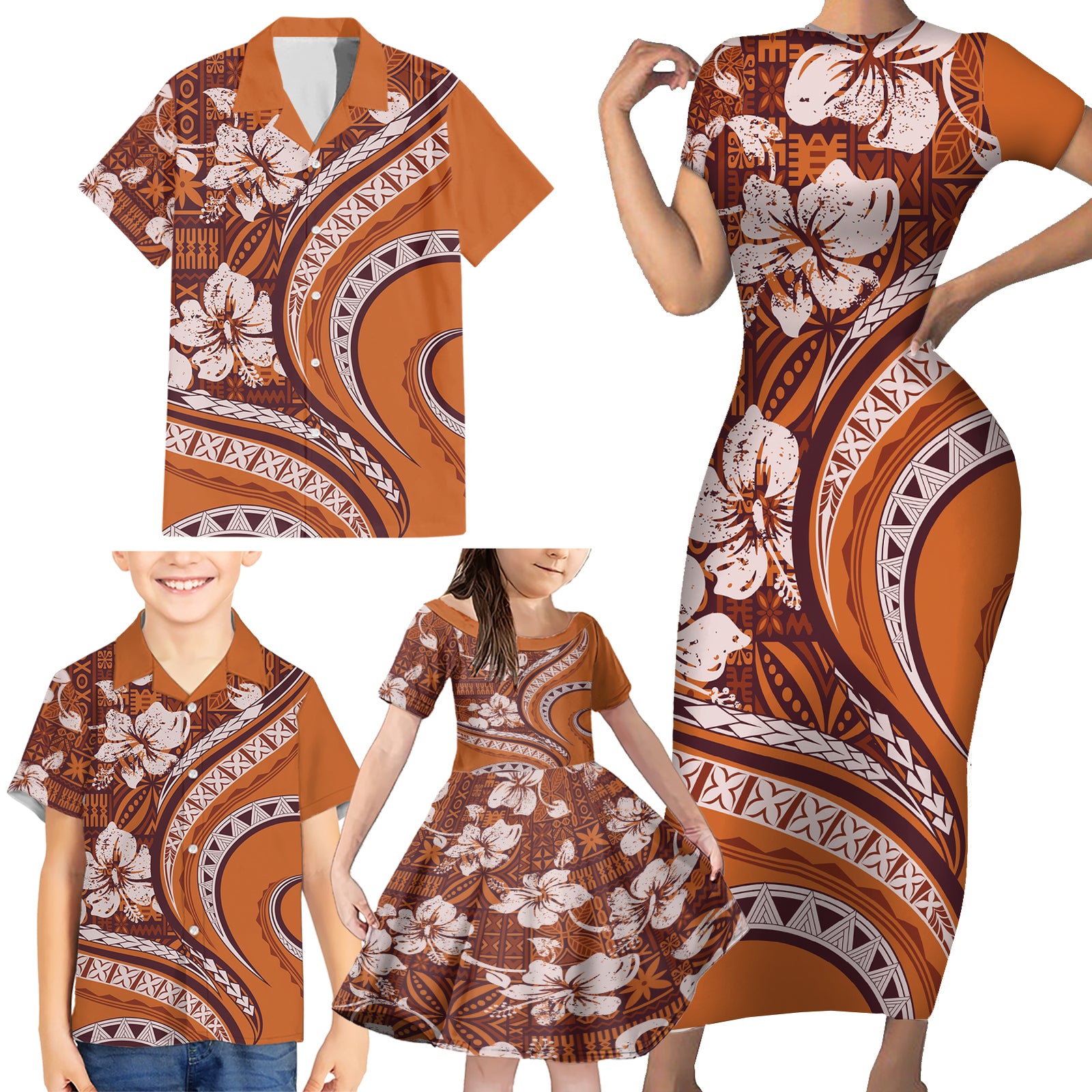 Hawaiian Hibiscus Tribal Vintage Motif Family Matching Short Sleeve Bodycon Dress and Hawaiian Shirt Ver 5 LT9 - Polynesian Pride