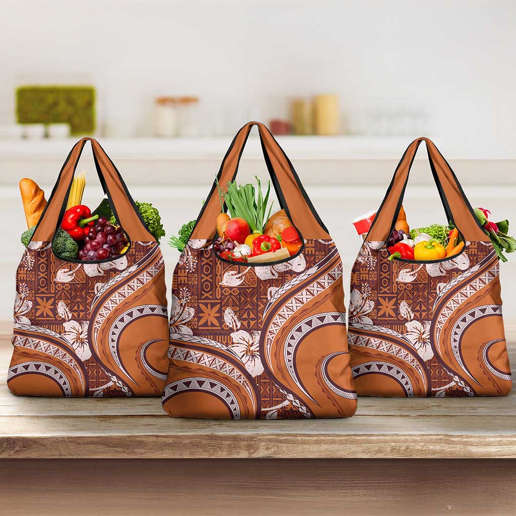 Hawaiian Hibiscus Tribal Vintage Motif Grocery Bag Ver 5 LT9 3-pack One Size Gold - Polynesian Pride