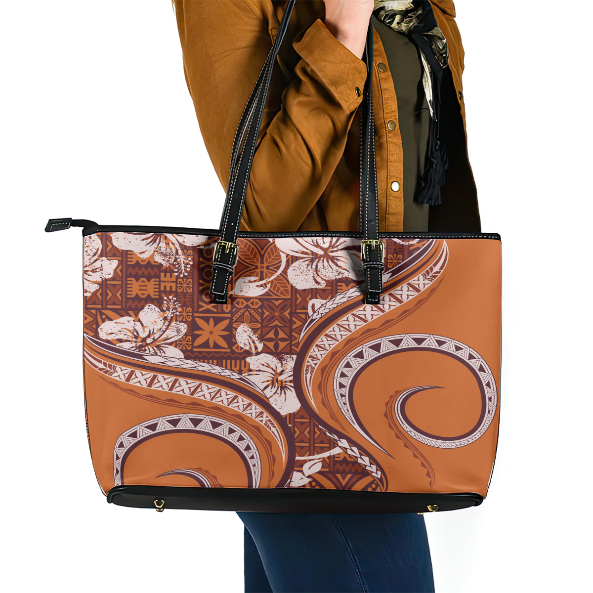 Hawaiian Hibiscus Tribal Vintage Motif Leather Tote Bag Ver 5 LT9 - Polynesian Pride