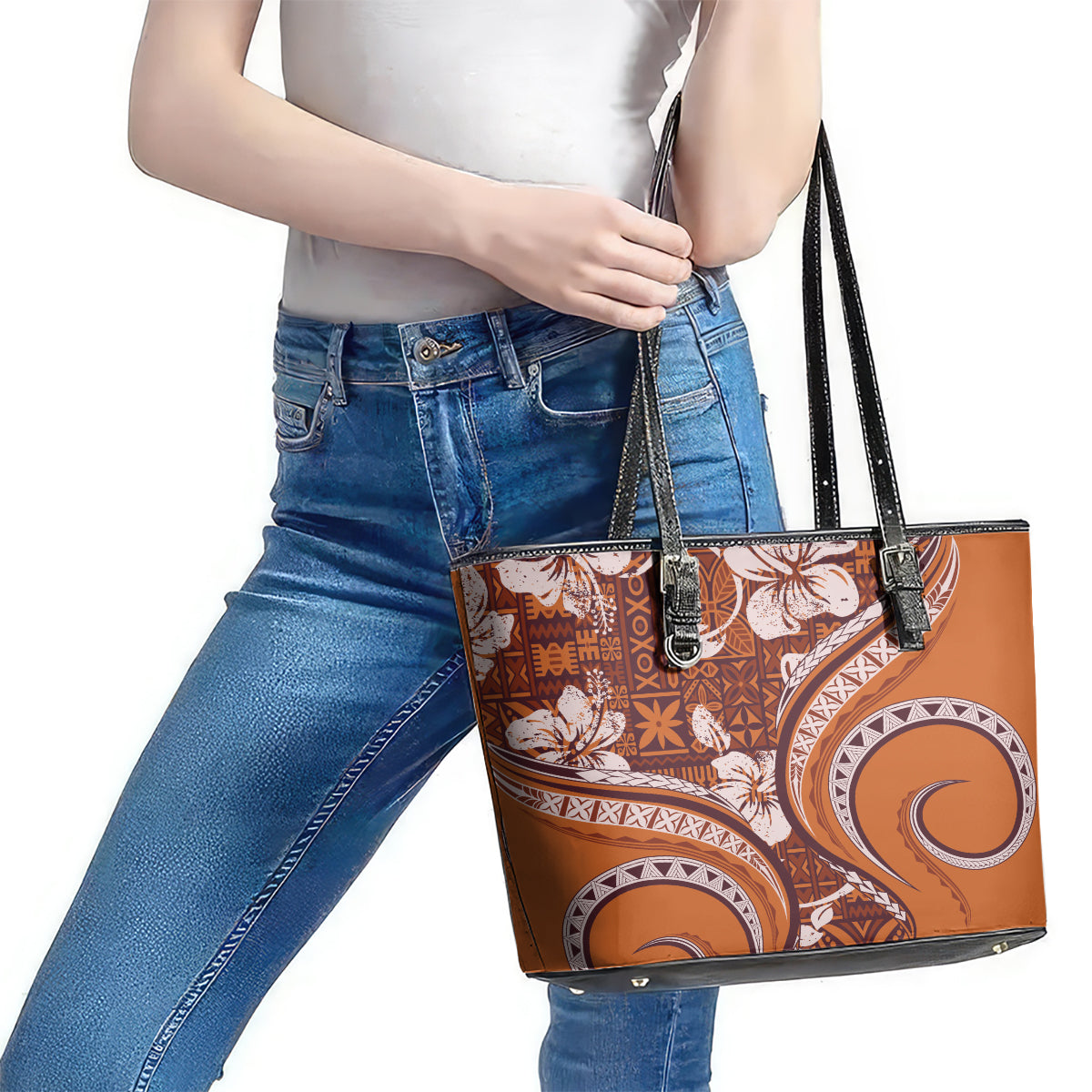 Hawaiian Hibiscus Tribal Vintage Motif Leather Tote Bag Ver 5 LT9 - Polynesian Pride
