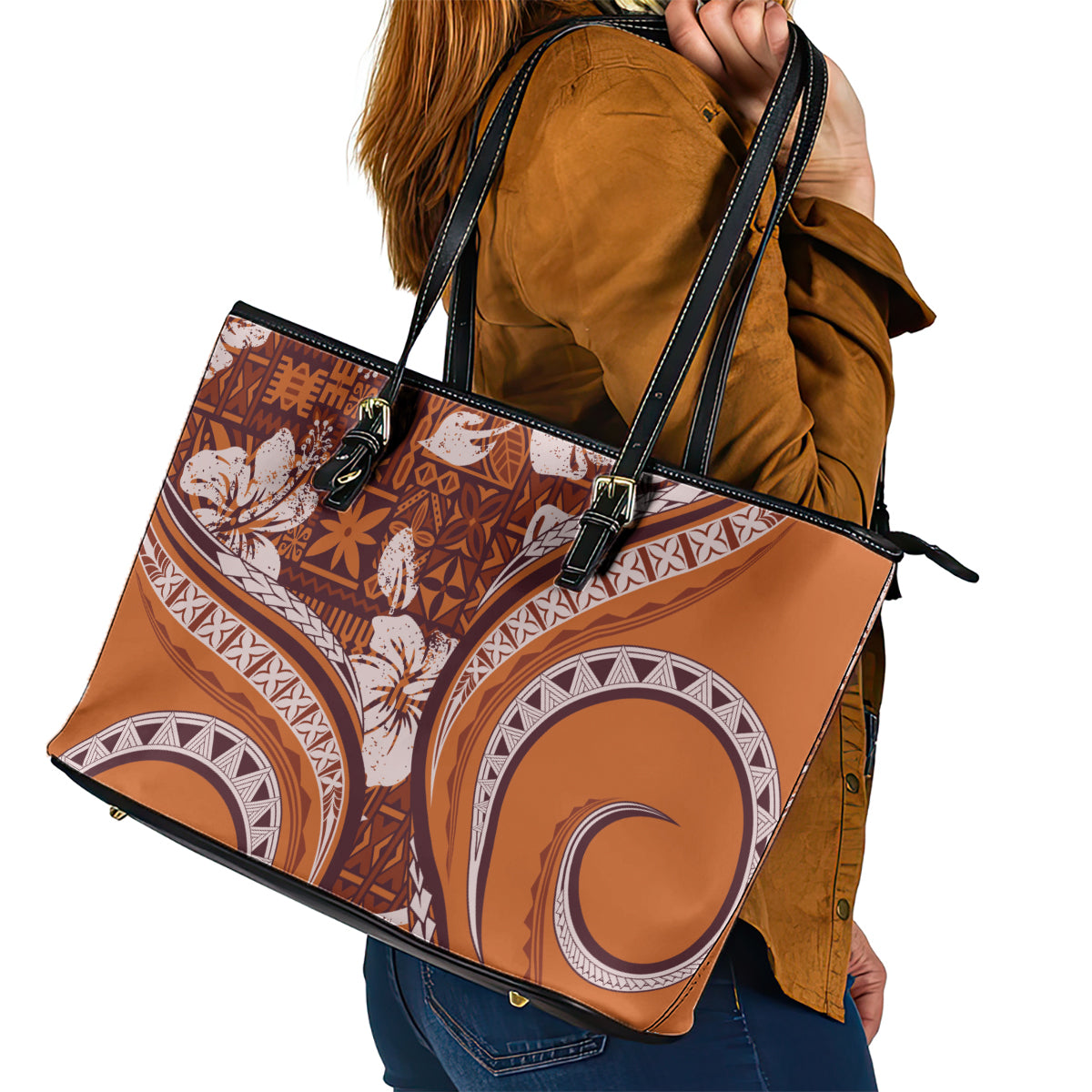 Hawaiian Hibiscus Tribal Vintage Motif Leather Tote Bag Ver 5 LT9 - Polynesian Pride