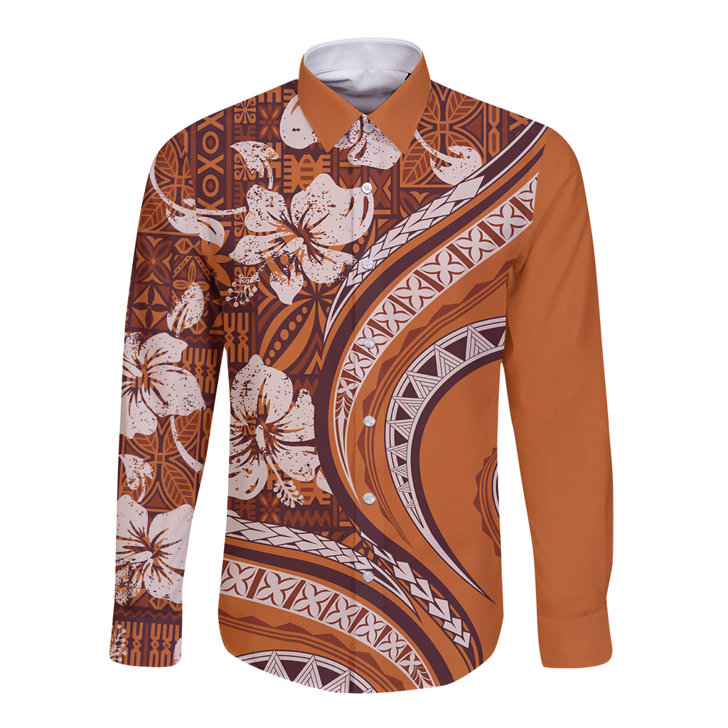 Hawaiian Hibiscus Tribal Vintage Motif Long Sleeve Button Shirt Ver 5