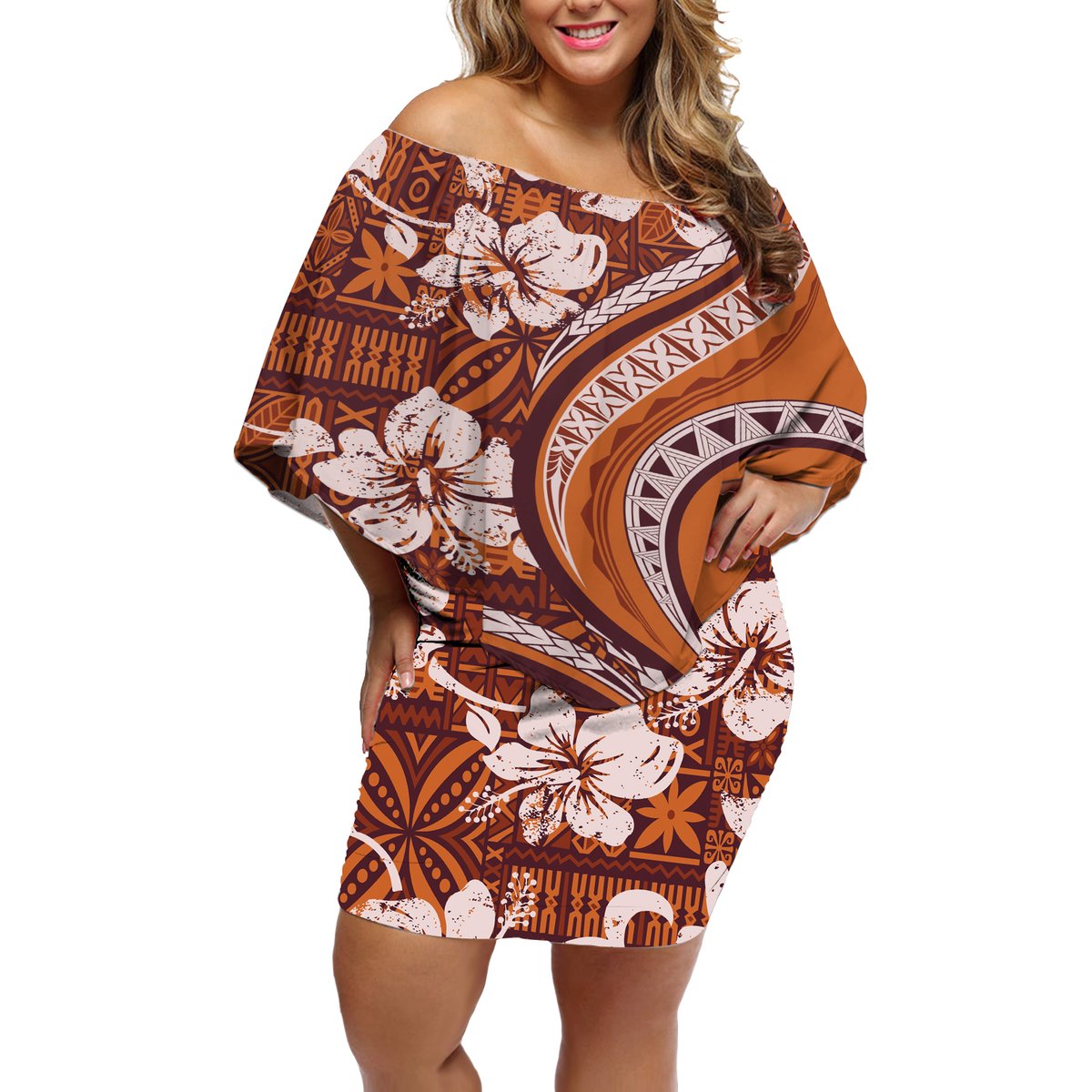 Hawaiian Hibiscus Tribal Vintage Motif Off Shoulder Short Dress Ver 5 LT9 Women Gold - Polynesian Pride