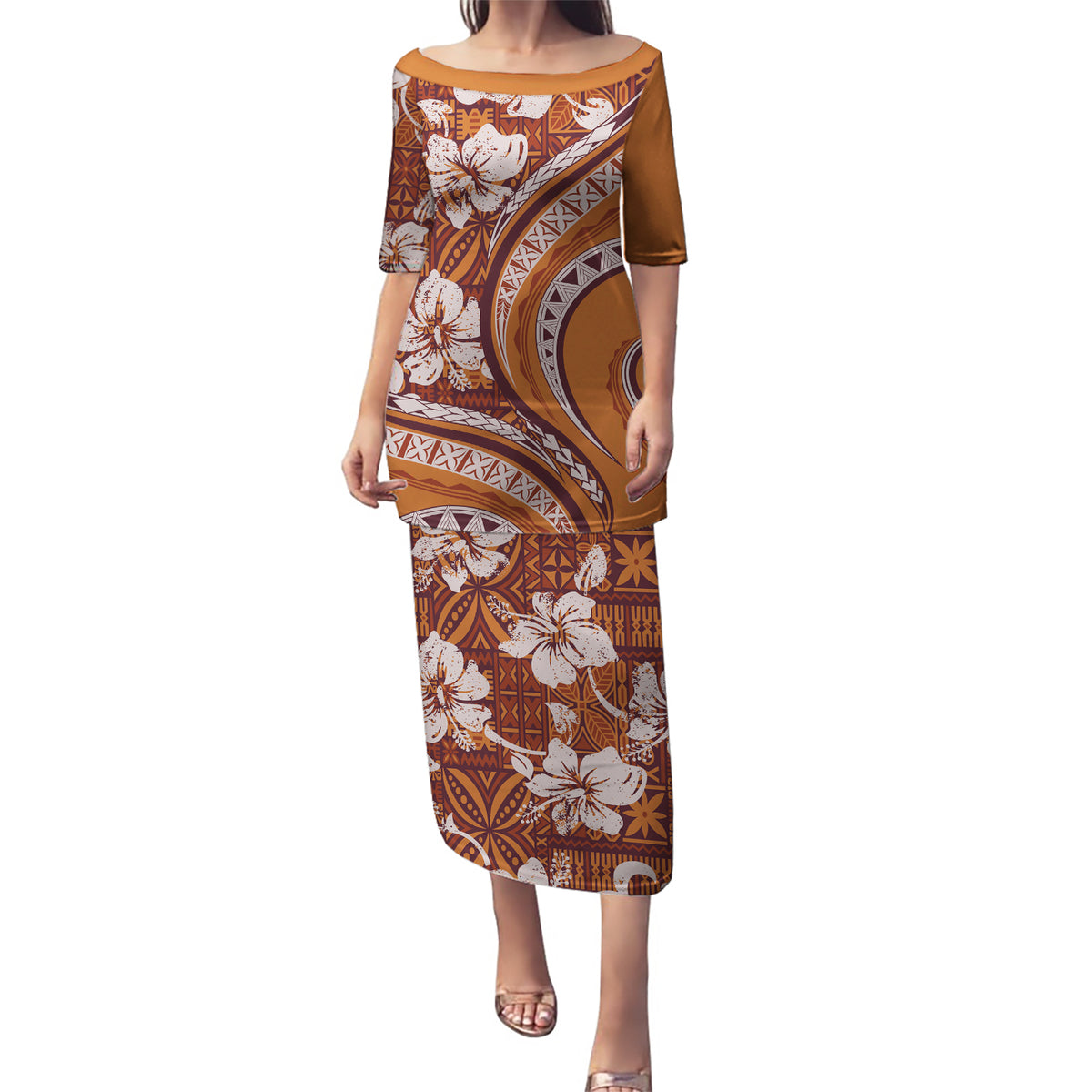 Hawaiian Hibiscus Tribal Vintage Motif Puletasi Ver 5 LT9 Long Dress Gold - Polynesian Pride