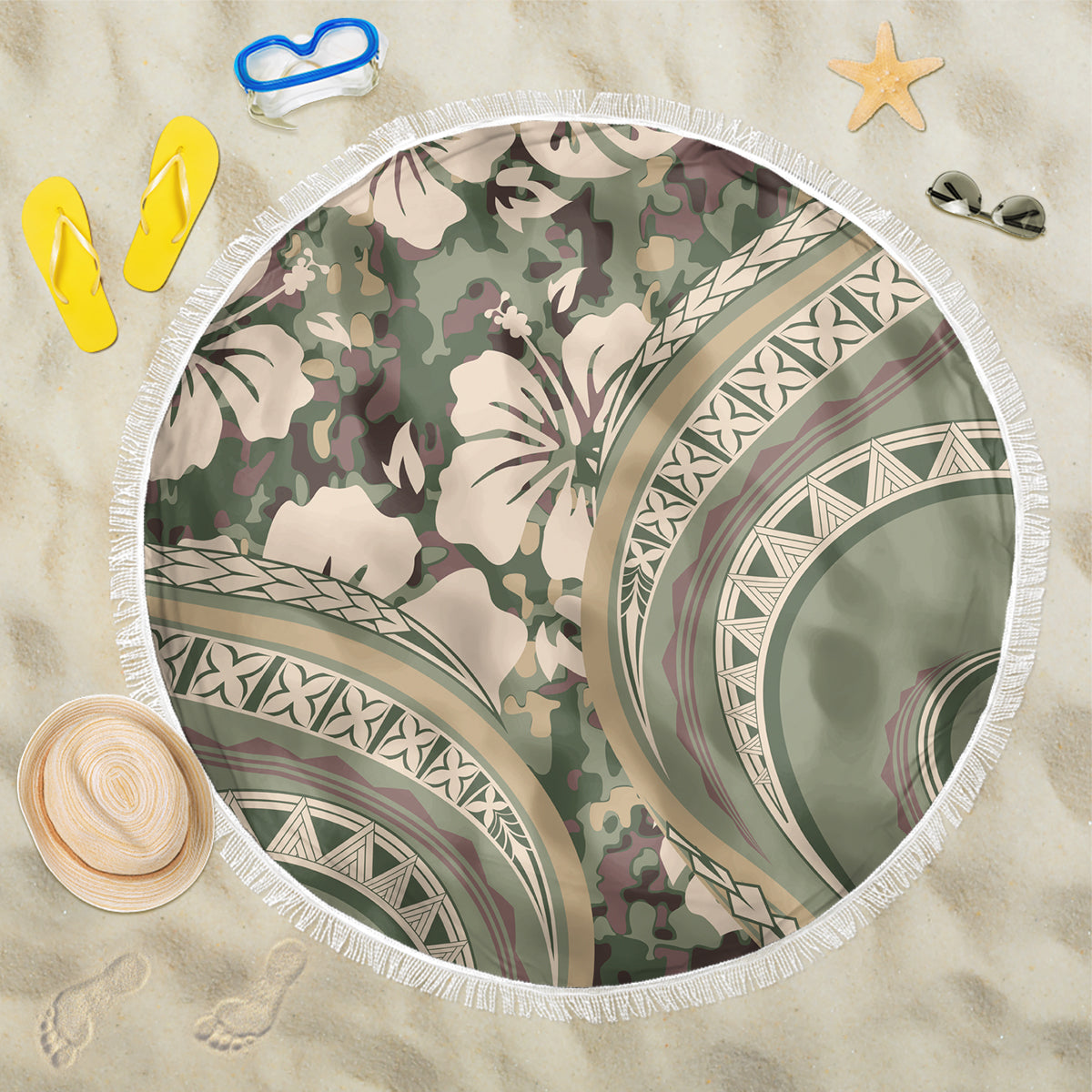 Hawaiian Hibiscus Tribal Vintage Motif Beach Blanket Ver 6 LT9 One Size 150cm Green Pastel - Polynesian Pride