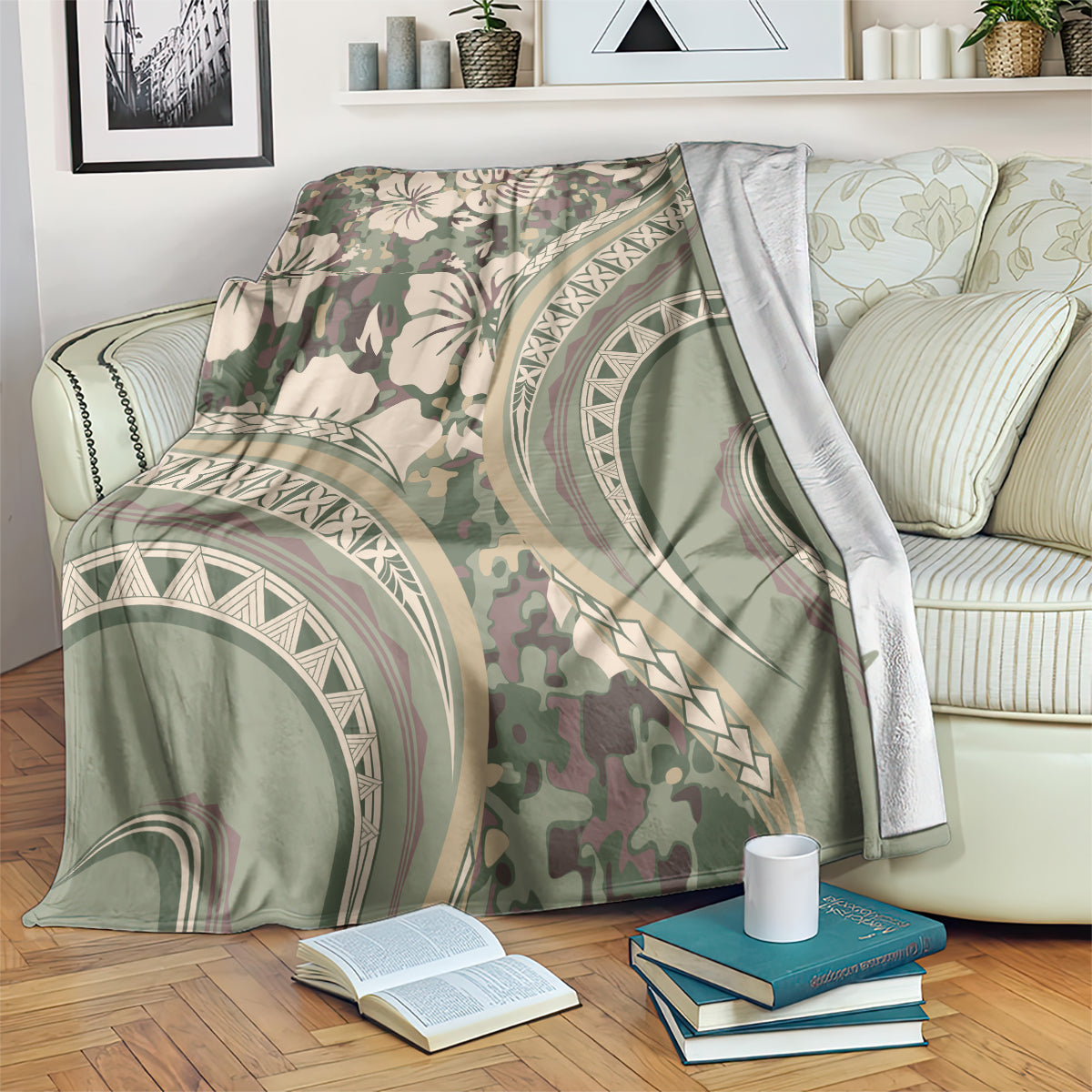 Hawaiian Hibiscus Tribal Vintage Motif Blanket Ver 6 LT9 Green Pastel - Polynesian Pride