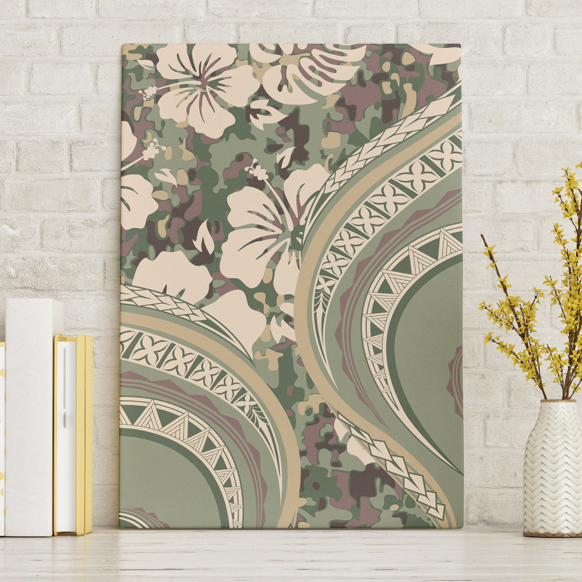 Hawaiian Hibiscus Tribal Vintage Motif Canvas Wall Art Ver 6 LT9 Without Frame Green Pastel - Polynesian Pride