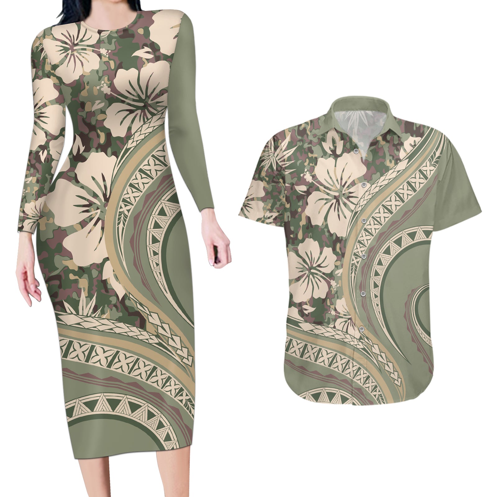 Hawaiian Hibiscus Tribal Vintage Motif Couples Matching Long Sleeve Bodycon Dress and Hawaiian Shirt Ver 6 LT9 Green Pastel - Polynesian Pride