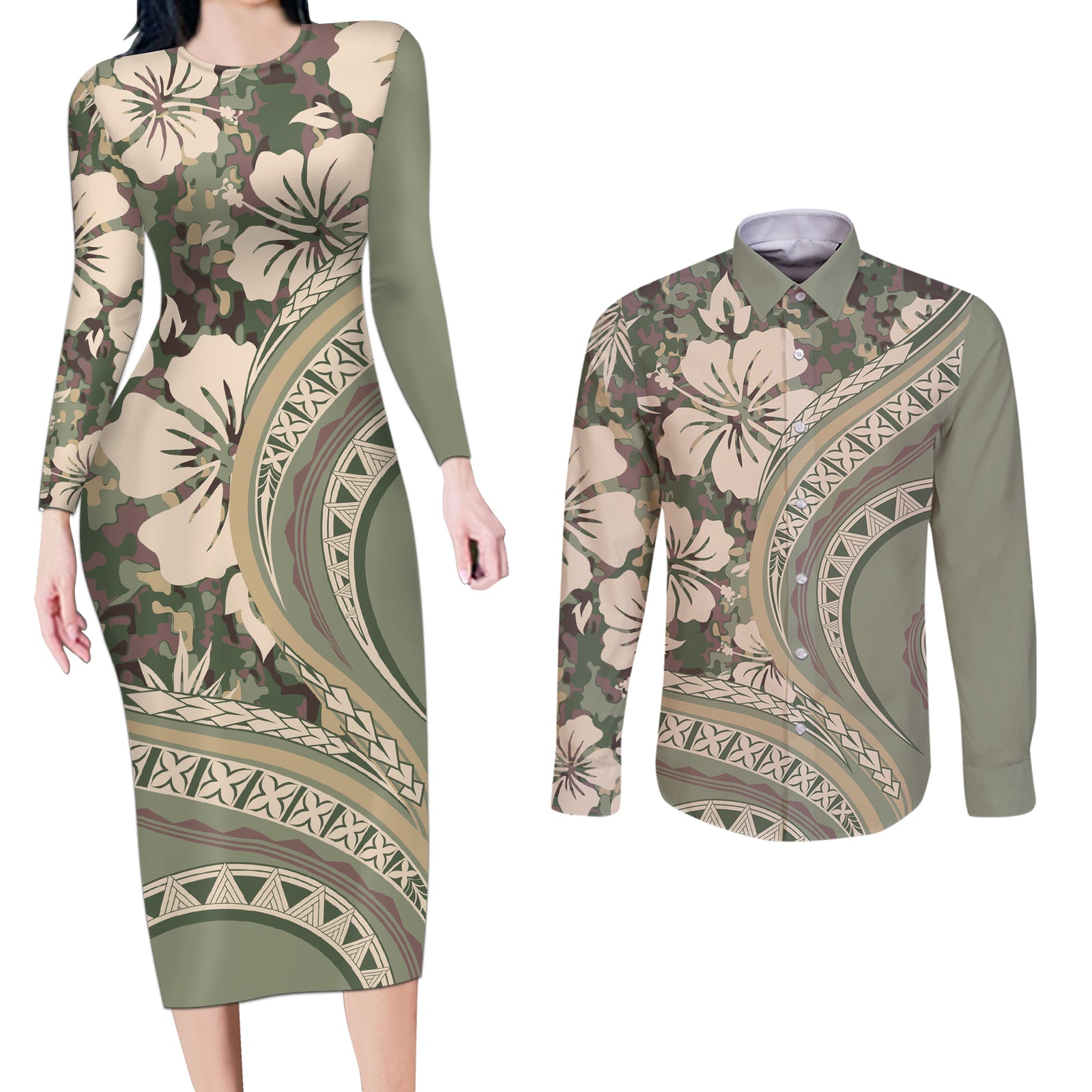 Hawaiian Hibiscus Tribal Vintage Motif Couples Matching Long Sleeve Bodycon Dress and Long Sleeve Button Shirt Ver 6 LT9 Green Pastel - Polynesian Pride