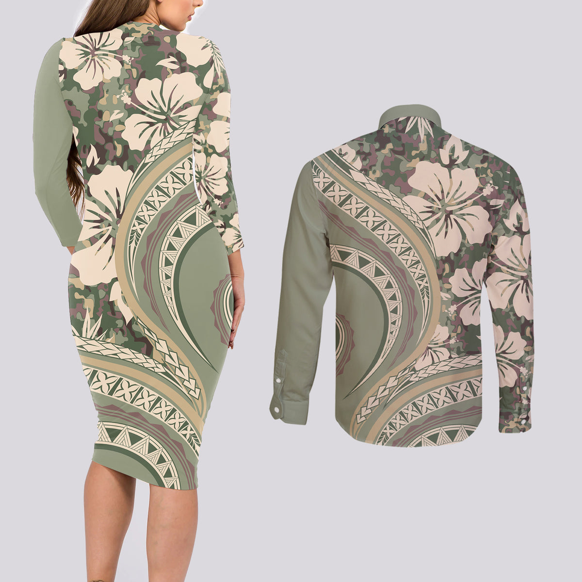 Hawaiian Hibiscus Tribal Vintage Motif Couples Matching Long Sleeve Bodycon Dress and Long Sleeve Button Shirt Ver 6