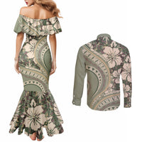 Hawaiian Hibiscus Tribal Vintage Motif Couples Matching Mermaid Dress and Long Sleeve Button Shirt Ver 6