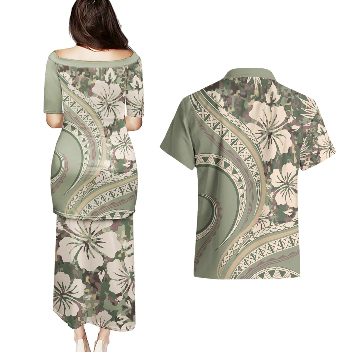 Hawaiian Hibiscus Tribal Vintage Motif Couples Matching Puletasi and Hawaiian Shirt Ver 6