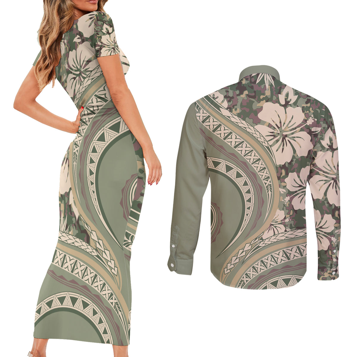 Hawaiian Hibiscus Tribal Vintage Motif Couples Matching Short Sleeve Bodycon Dress and Long Sleeve Button Shirt Ver 6