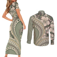 Hawaiian Hibiscus Tribal Vintage Motif Couples Matching Short Sleeve Bodycon Dress and Long Sleeve Button Shirt Ver 6