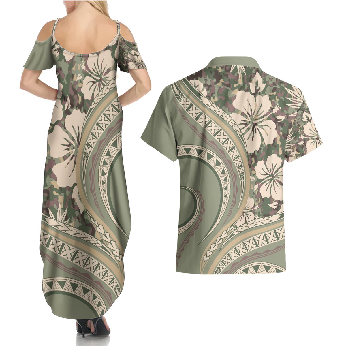 Hawaiian Hibiscus Tribal Vintage Motif Couples Matching Summer Maxi Dress and Hawaiian Shirt Ver 6