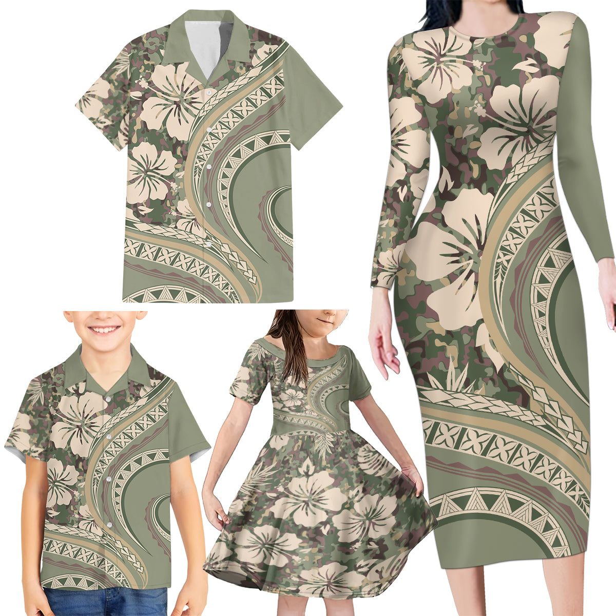 Hawaiian Hibiscus Tribal Vintage Motif Family Matching Long Sleeve Bodycon Dress and Hawaiian Shirt Ver 6