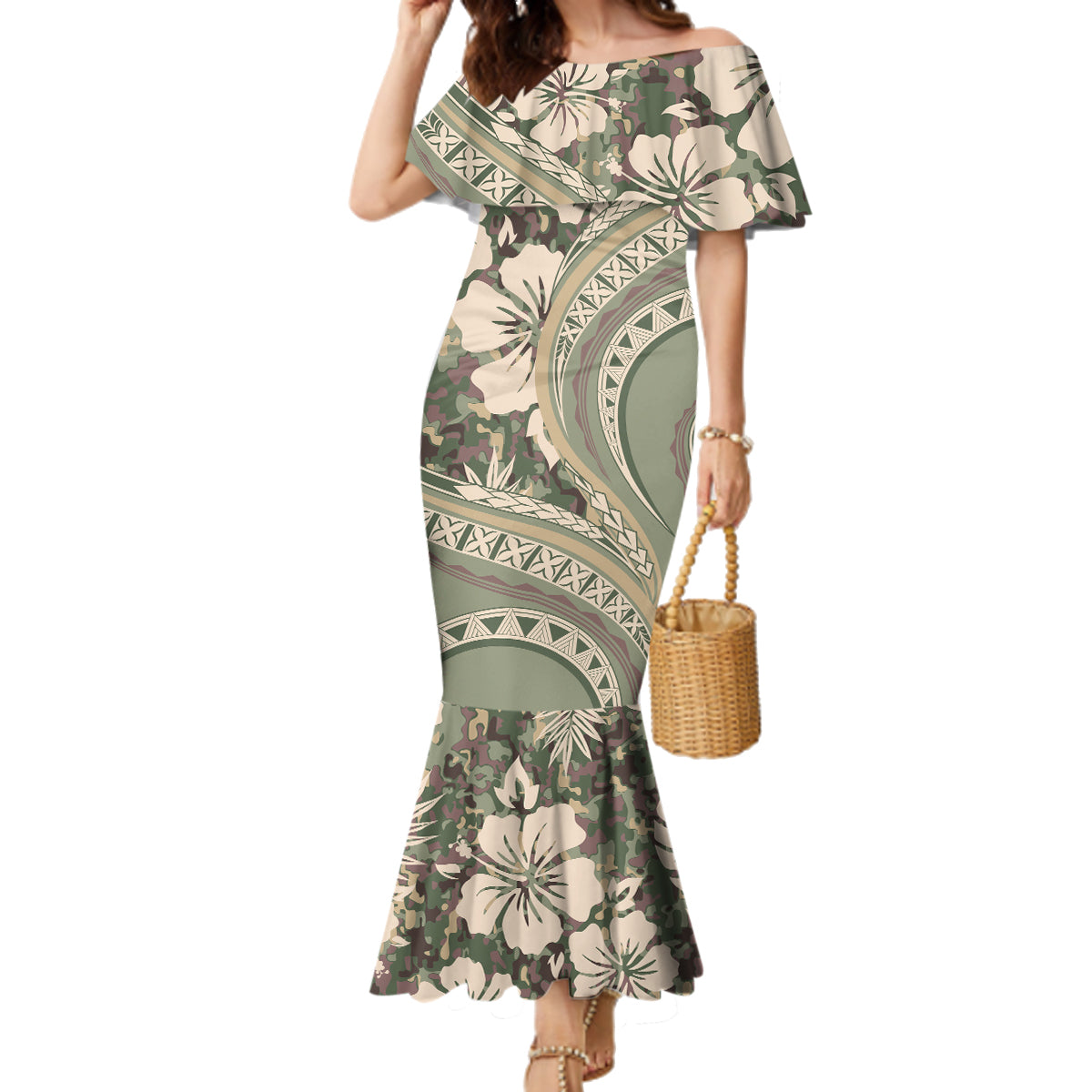 Hawaiian Hibiscus Tribal Vintage Motif Family Matching Mermaid Dress and Hawaiian Shirt Ver 6