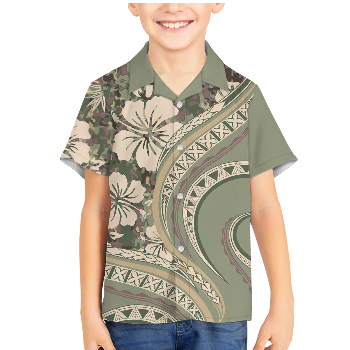 Hawaiian Hibiscus Tribal Vintage Motif Family Matching Mermaid Dress and Hawaiian Shirt Ver 6