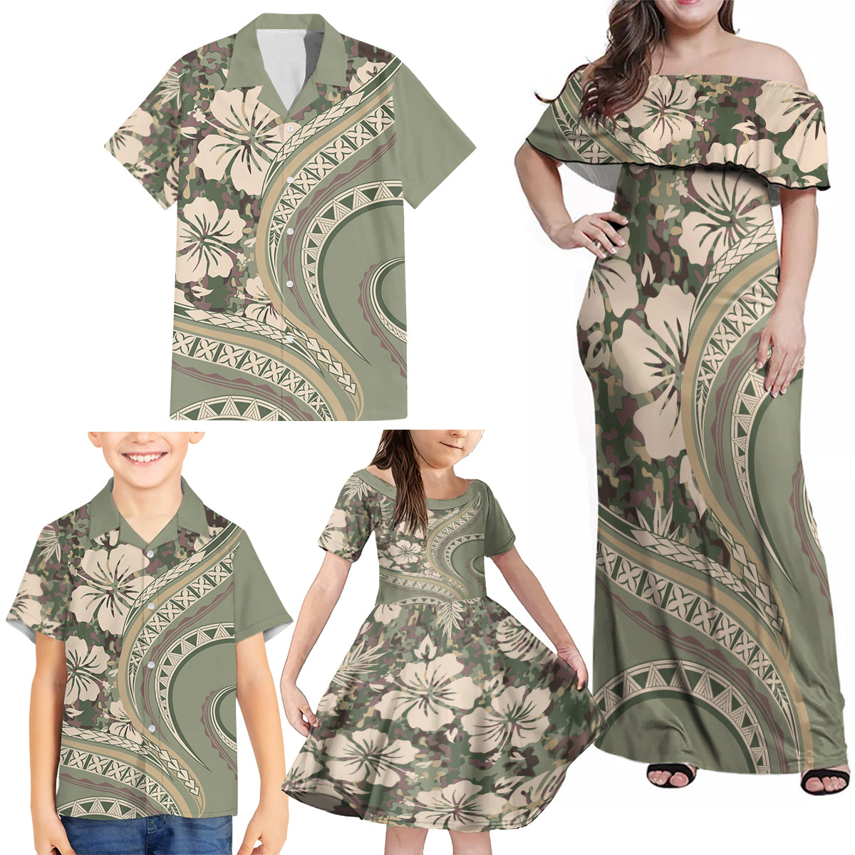 Hawaiian Hibiscus Tribal Vintage Motif Family Matching Off Shoulder Maxi Dress and Hawaiian Shirt Ver 6