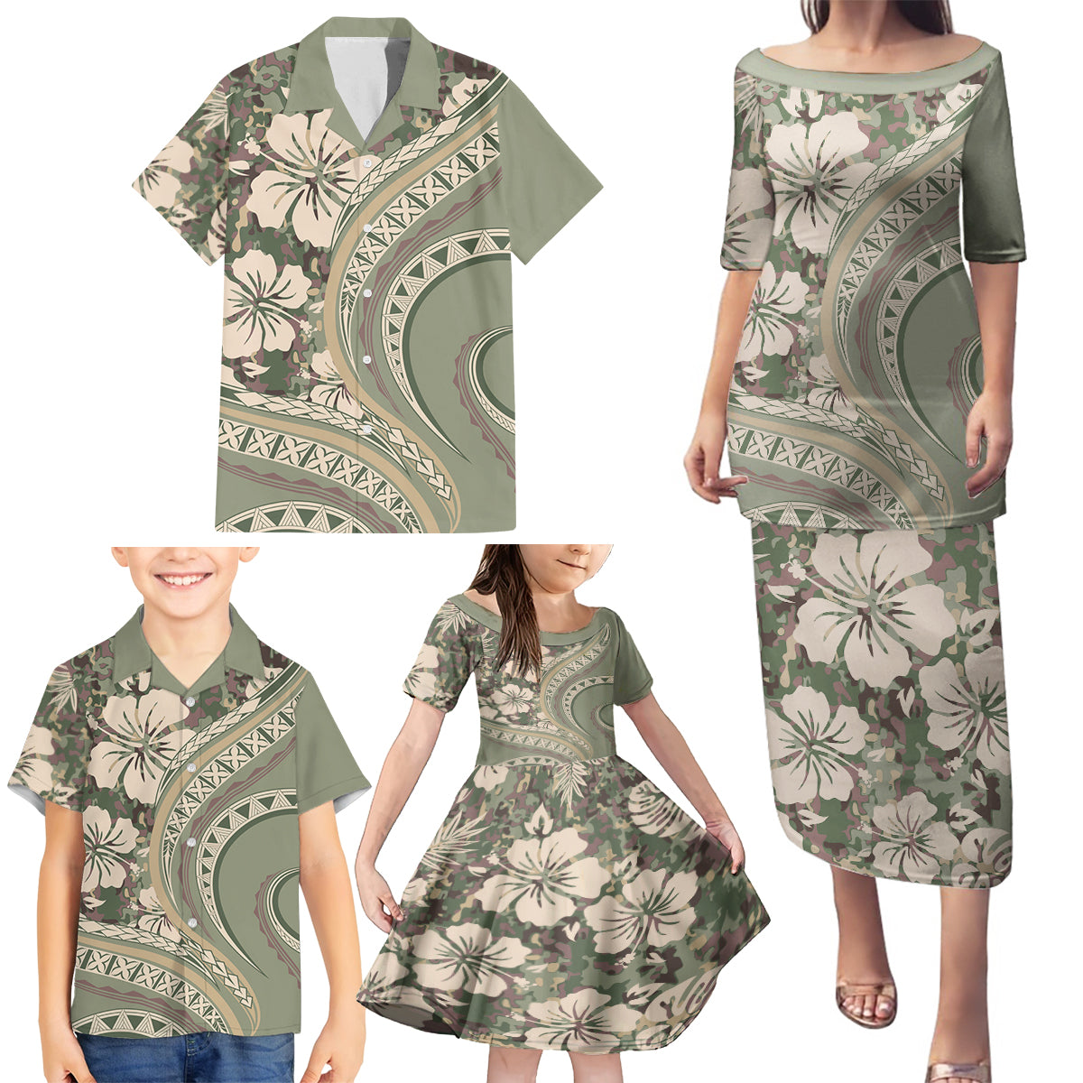 Hawaiian Hibiscus Tribal Vintage Motif Family Matching Puletasi and Hawaiian Shirt Ver 6 LT9 - Polynesian Pride