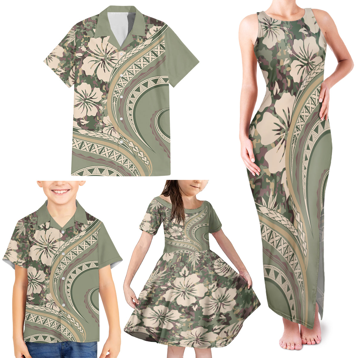 Hawaiian Hibiscus Tribal Vintage Motif Family Matching Tank Maxi Dress and Hawaiian Shirt Ver 6 LT9 - Polynesian Pride