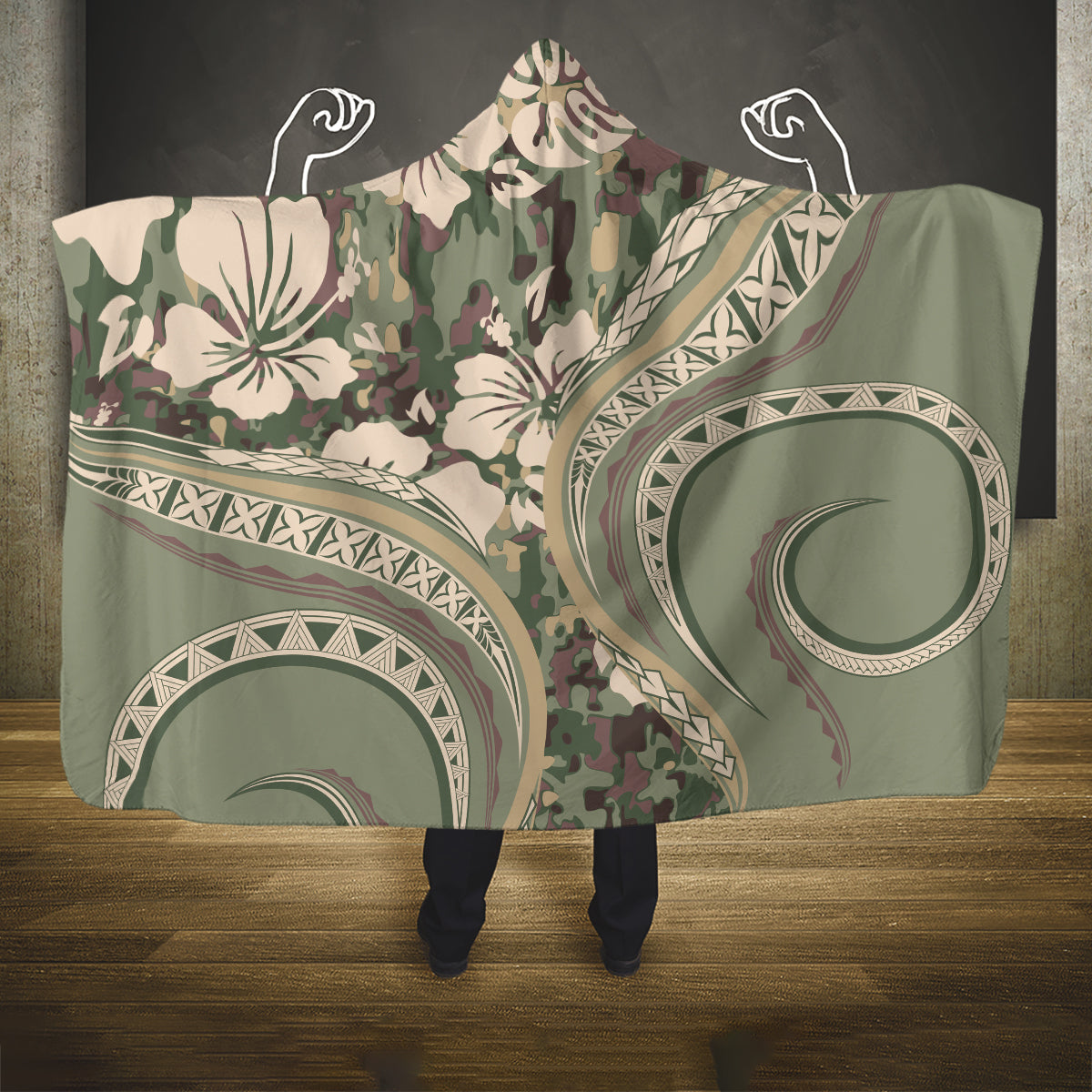 Hawaiian Hibiscus Tribal Vintage Motif Hooded Blanket Ver 6 LT9 One Size Green Pastel - Polynesian Pride