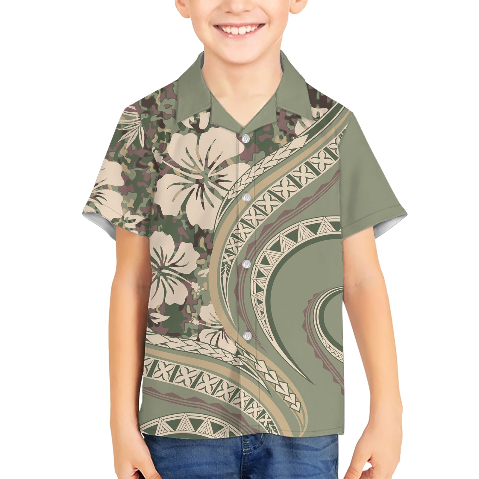 Hawaiian Hibiscus Tribal Vintage Motif Kid Hawaiian Shirt Ver 6 LT9 Kid Green Pastel - Polynesian Pride