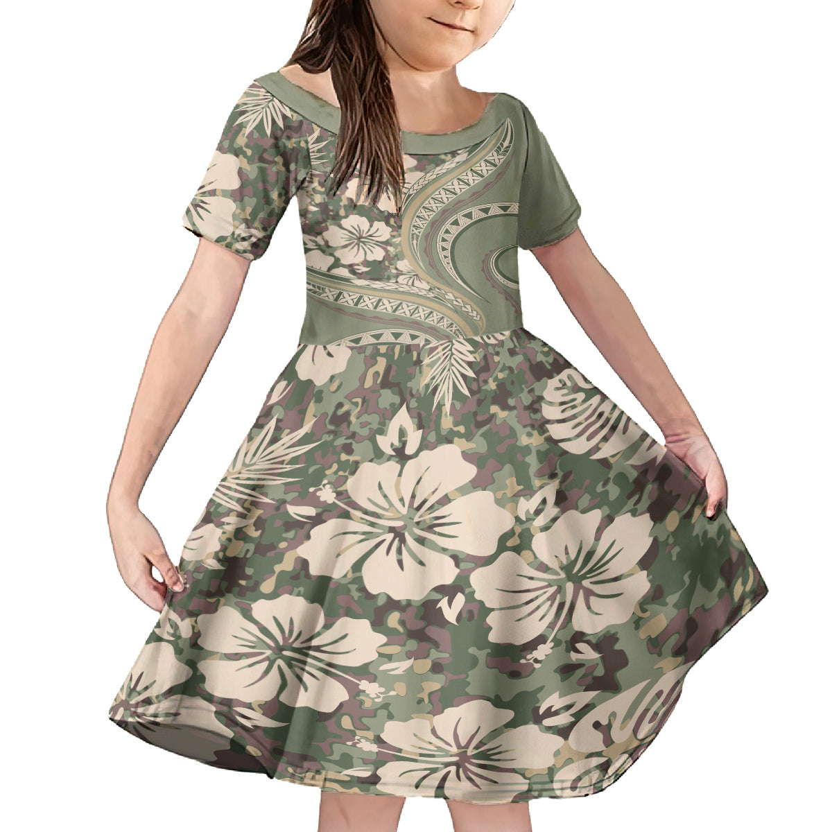 Hawaiian Hibiscus Tribal Vintage Motif Kid Short Sleeve Dress Ver 6 LT9 KID Green Pastel - Polynesian Pride