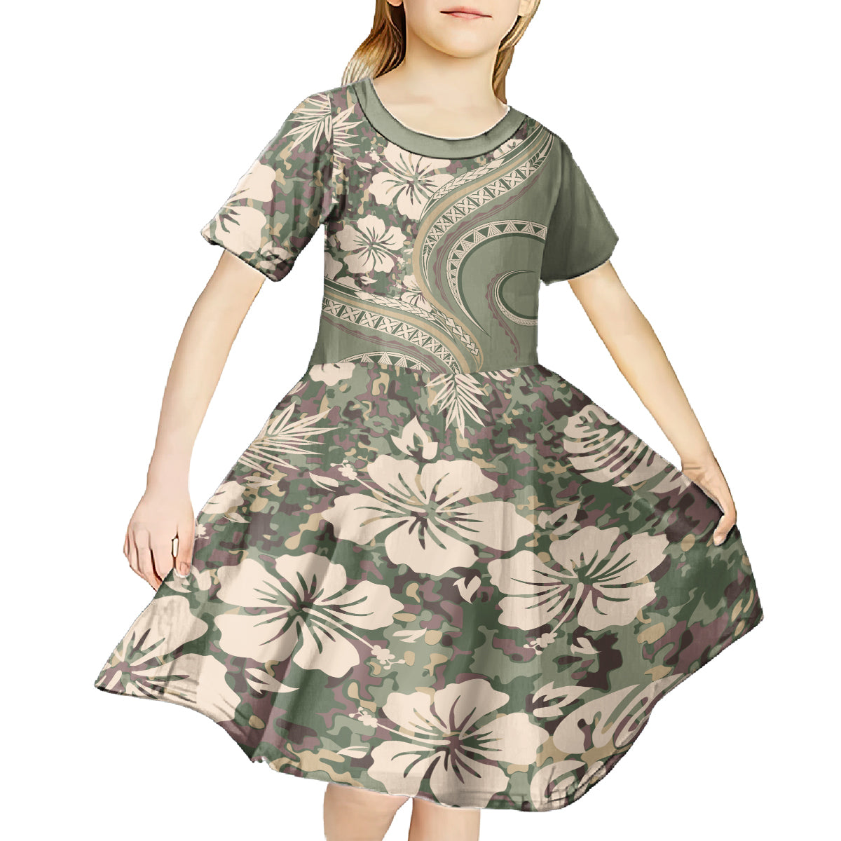 Hawaiian Hibiscus Tribal Vintage Motif Kid Short Sleeve Dress Ver 6 LT9 - Polynesian Pride