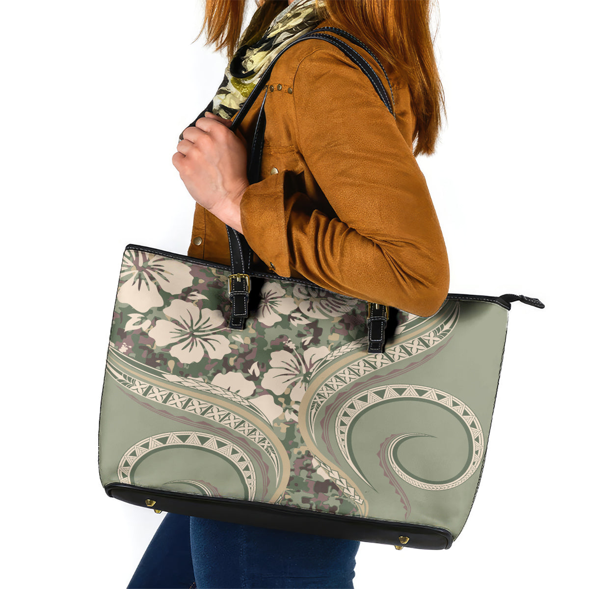 Hawaiian Hibiscus Tribal Vintage Motif Leather Tote Bag Ver 6 LT9 Green Pastel - Polynesian Pride