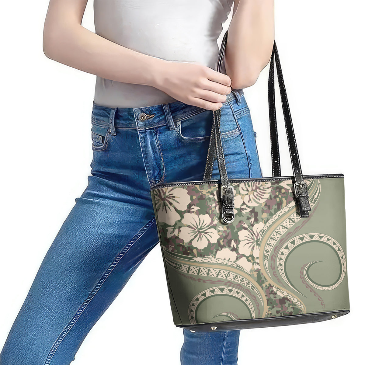 Hawaiian Hibiscus Tribal Vintage Motif Leather Tote Bag Ver 6 LT9 - Polynesian Pride