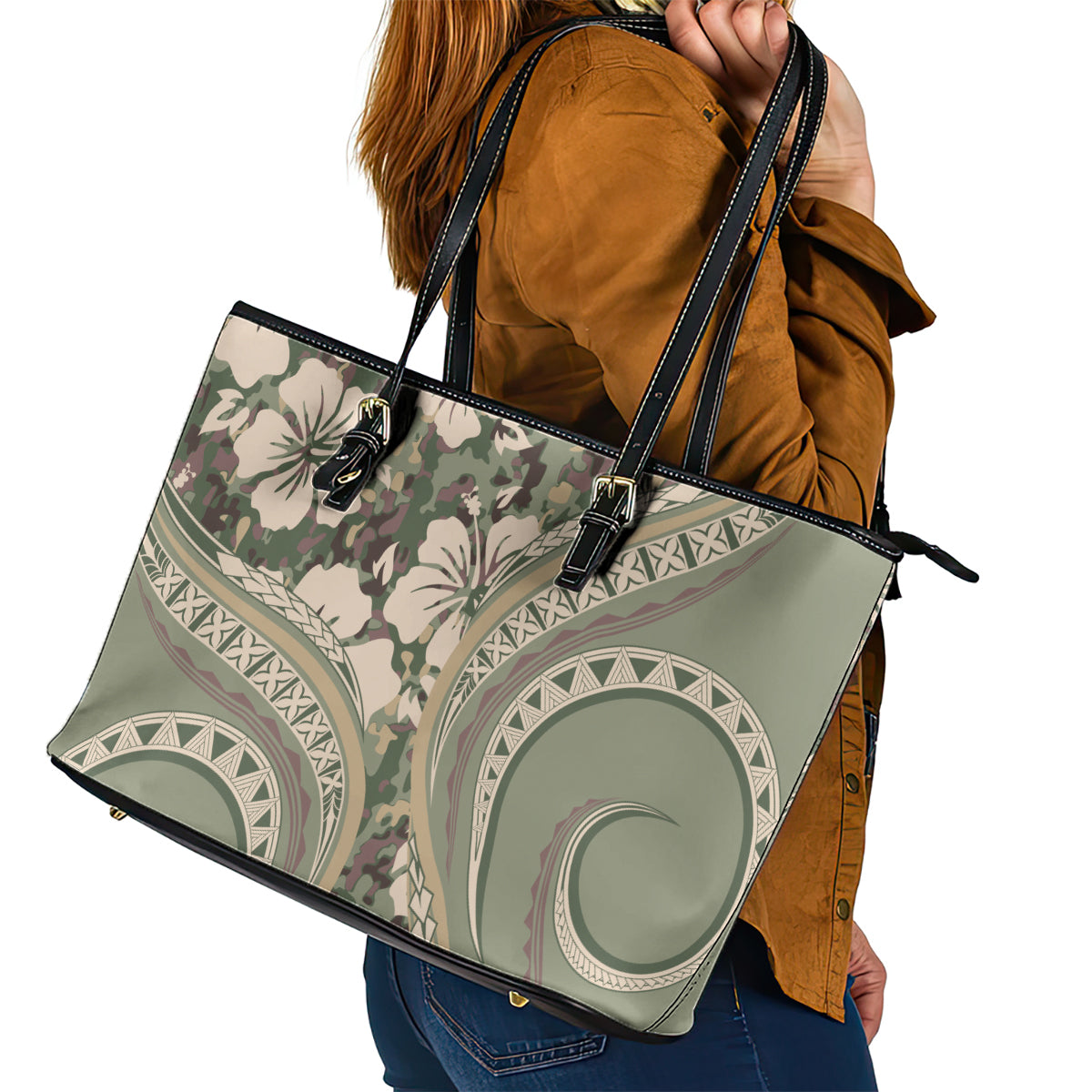 Hawaiian Hibiscus Tribal Vintage Motif Leather Tote Bag Ver 6 LT9 - Polynesian Pride
