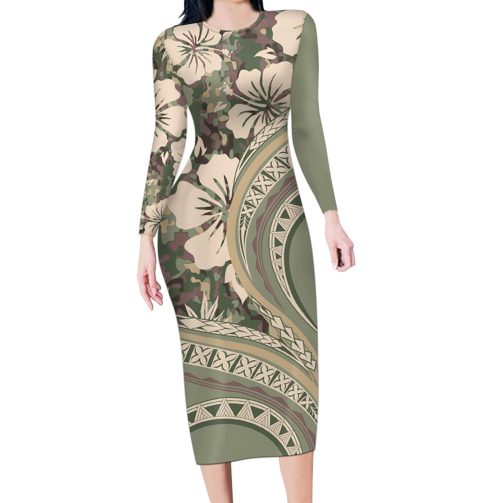 Hawaiian Hibiscus Tribal Vintage Motif Long Sleeve Bodycon Dress Ver 6