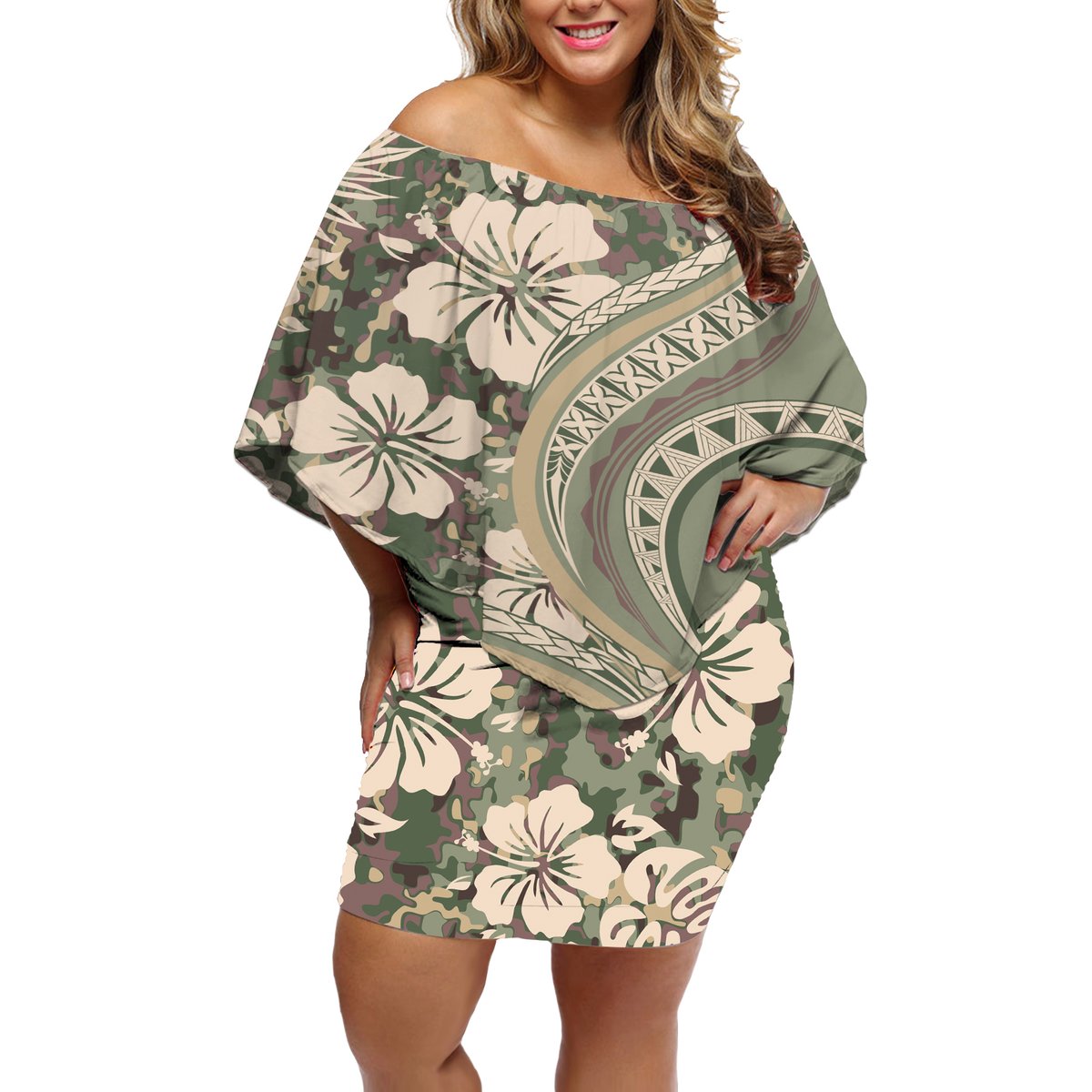 Hawaiian Hibiscus Tribal Vintage Motif Off Shoulder Short Dress Ver 6 LT9 Women Green Pastel - Polynesian Pride