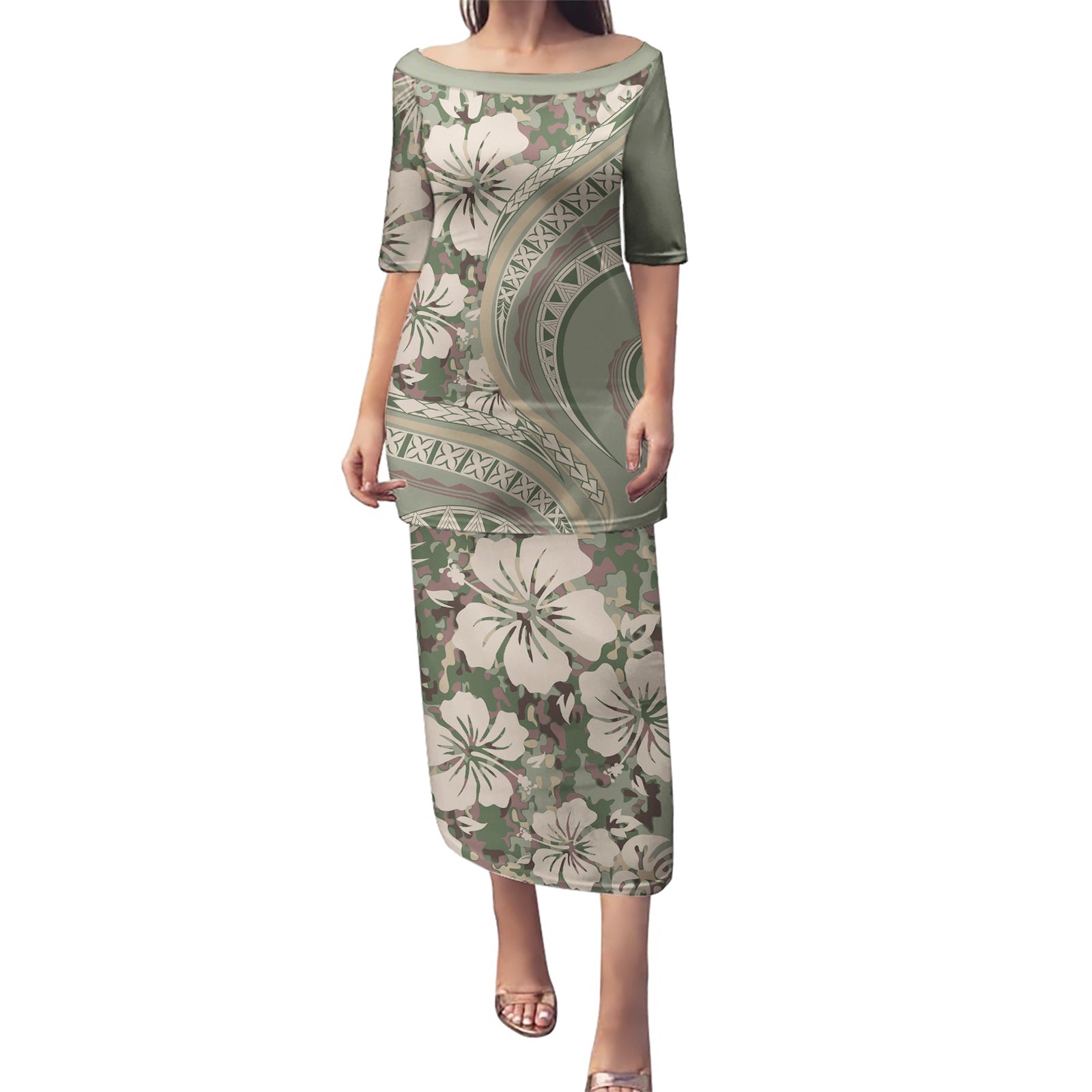 Hawaiian Hibiscus Tribal Vintage Motif Puletasi Ver 6 LT9 Long Dress Green Pastel - Polynesian Pride
