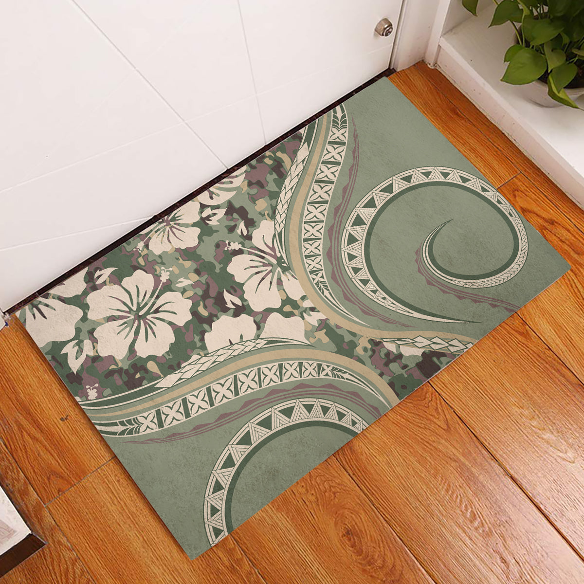 Hawaiian Hibiscus Tribal Vintage Motif Rubber Doormat Ver 6 LT9 Green Pastel - Polynesian Pride