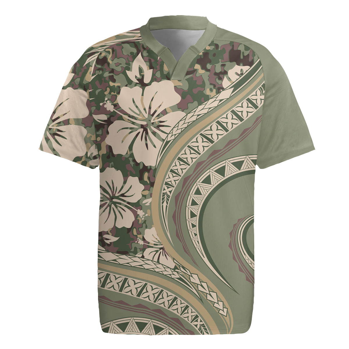 Hawaiian Hibiscus Tribal Vintage Motif Rugby Jersey Ver 6 LT9 Green Pastel - Polynesian Pride