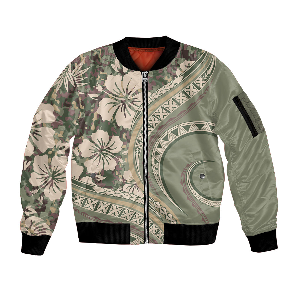 Hawaiian Hibiscus Tribal Vintage Motif Sleeve Zip Bomber Jacket Ver 6 LT9 Unisex Green Pastel - Polynesian Pride