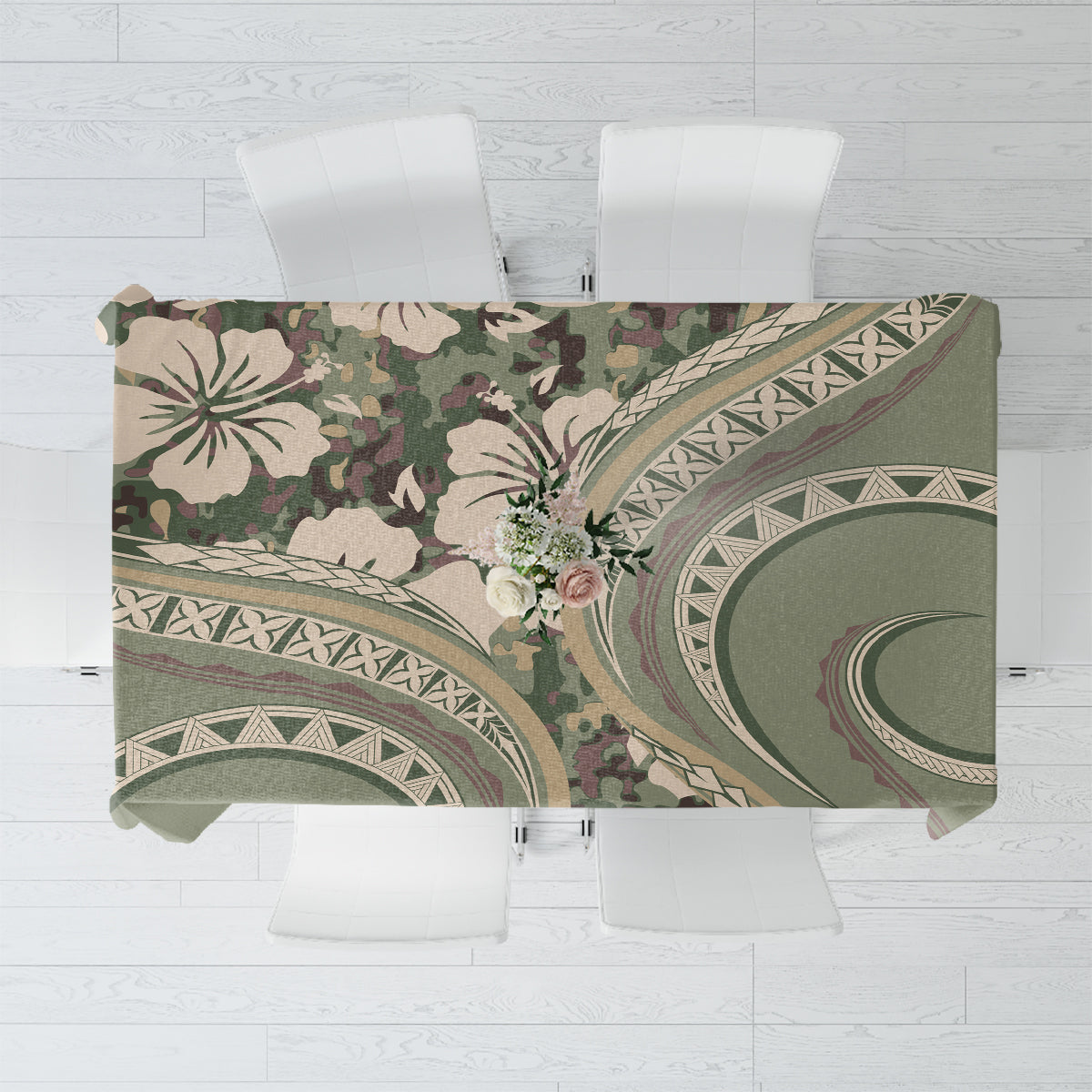 Hawaiian Hibiscus Tribal Vintage Motif Tablecloth Ver 6 LT9 Green Pastel - Polynesian Pride