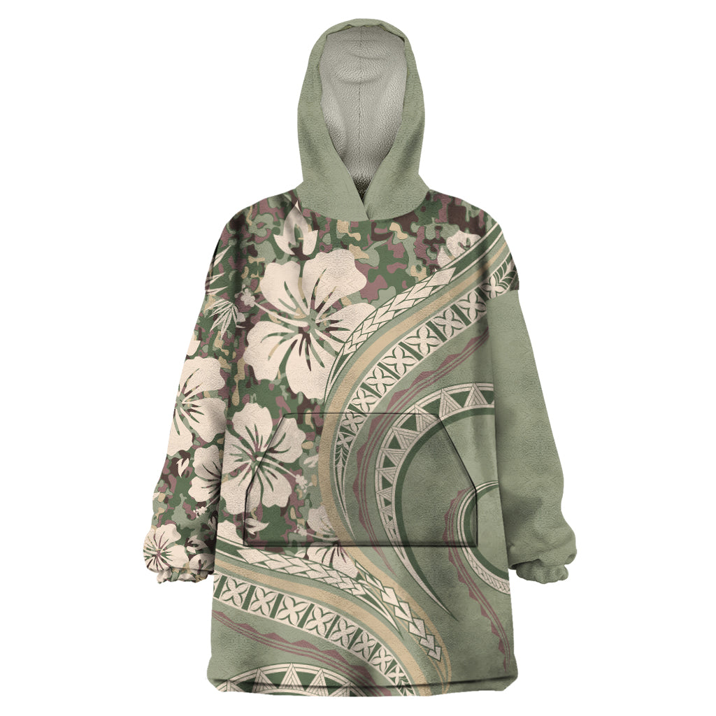 Hawaiian Hibiscus Tribal Vintage Motif Wearable Blanket Hoodie Ver 6 LT9 One Size Green Pastel - Polynesian Pride