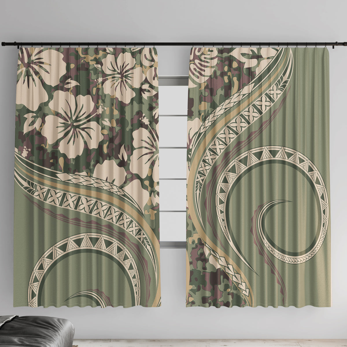 Hawaiian Hibiscus Tribal Vintage Motif Window Curtain Ver 6 LT9 With Hooks Green Pastel - Polynesian Pride