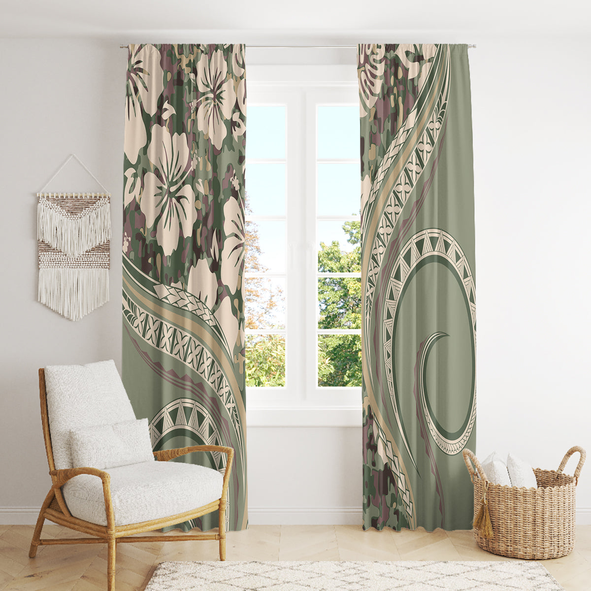 Hawaiian Hibiscus Tribal Vintage Motif Window Curtain Ver 6 LT9 - Polynesian Pride