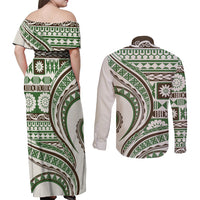 Hawaiian Hibiscus Tribal Vintage Motif Couples Matching Off Shoulder Maxi Dress and Long Sleeve Button Shirt Ver 7