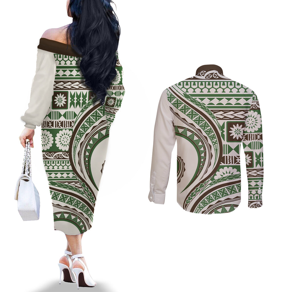 Hawaiian Hibiscus Tribal Vintage Motif Couples Matching Off The Shoulder Long Sleeve Dress and Long Sleeve Button Shirt Ver 7