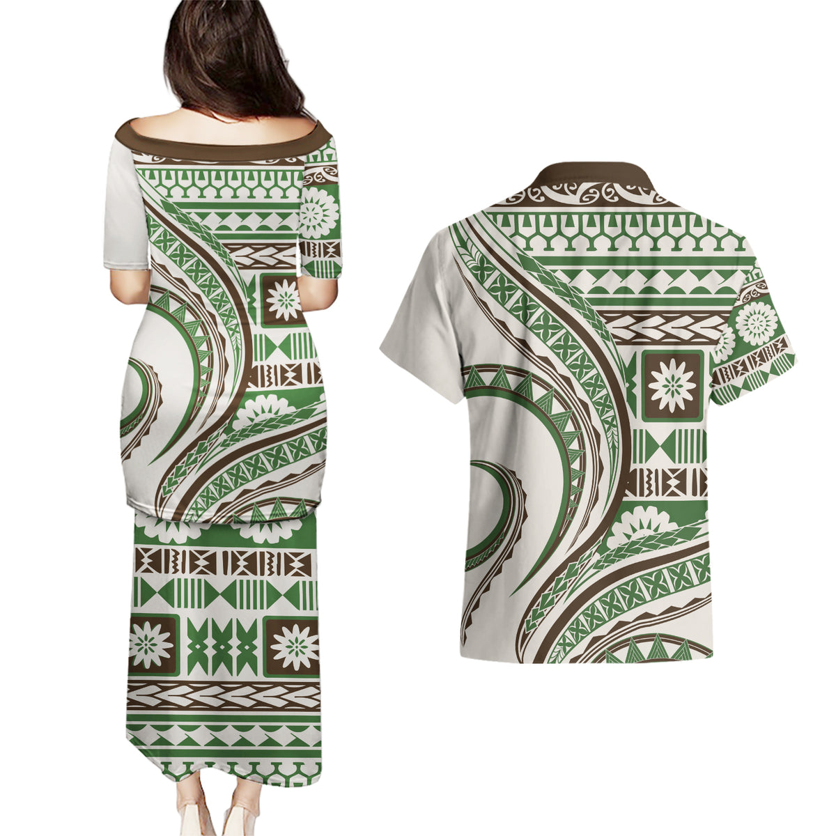 Hawaiian Hibiscus Tribal Vintage Motif Couples Matching Puletasi and Hawaiian Shirt Ver 7